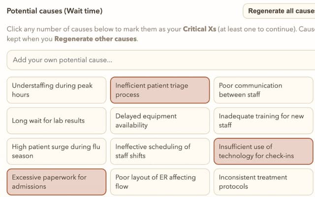 Grid of potential causes with Critical X selection