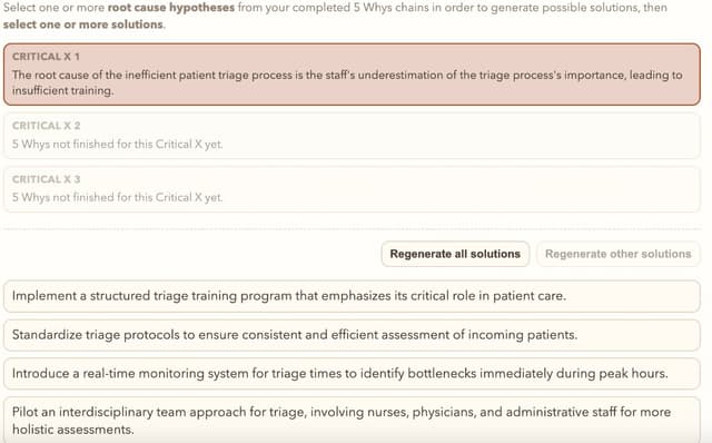 Root cause selection and generated solution ideas